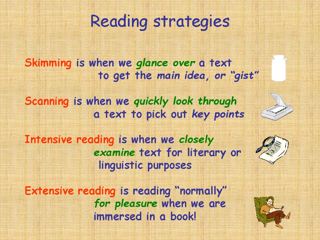 Reading strategies Skimming is when we glance over a text to get the main
